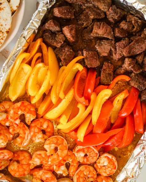 Steak Shrimp And Veggie Skillet, Oven Fajitas, Sheet Pan Steak, Mexican Entrees, Pan Steak, Shrimp Fajitas, Chili Lime Seasoning, Steak And Shrimp, Easy Steak