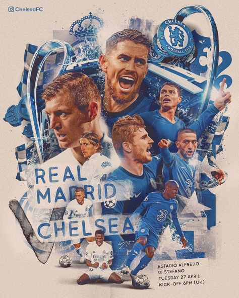 Chelsea FC’s Instagram profile post: “Matchday is here! 👊 Real Madrid vs Chelsea. Let’s go! #RMACHE #ChampionsLeague #CFC #Chelsea #RealMadrid” Real Madrid Vs Chelsea, Champions Graphic, Football Celebrations, Sport Branding, Graphic Design Styles, Sports Design Inspiration, Soccer Poster, Sport Poster Design, Sport Illustration