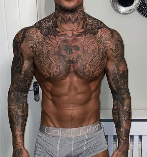 Chest To Neck Tattoo Men, Chest Neck Tattoo Men, Mens Back Of Neck Tattoo, Chest And Arm Tattoo Men, Cool Neck Tattoos Men, Cool Chest Tattoos Men, Cool Chest Tattoos For Guys, Man Neck Tattoo, Chest Tattoos Men's Ideas