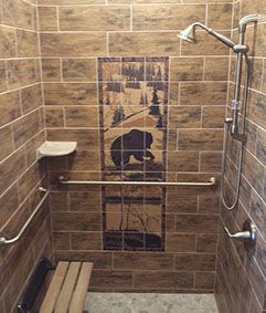 Wildlife Ceramic Tile Shower Mural Bathroom Western, Log Home Bathrooms, Log Home Bathroom, Shower Accent Tile, Lodge Bathroom, Log Homes Exterior, Homes Farmhouse, Log Home Interior, Homes Kitchen