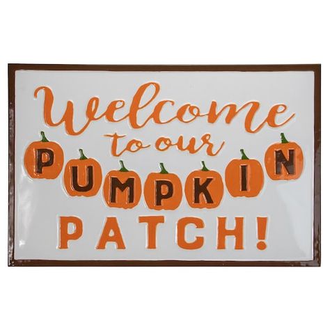 Welcome To Our Pumpkin Patch, Autumn Wall Decor, Decorative Pumpkins, Pumpkin Patch Sign, Brown Border, Metal Wall Plaques, Fall Wall Decor, Green Pumpkin, Brown Frame