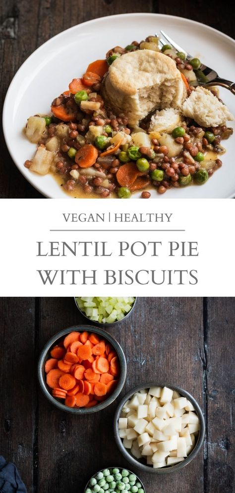 Pot Pie With Biscuits, Asda Recipes, Vegetarian Pot Pie, Vegan Biscuits, Healthy Vegan Dinner, Vegan Lentil, Carrots Celery, Healthy Comfort Food, Vegan Dinner