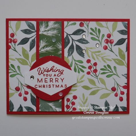 Boughs Of Holly Dsp Stampin Up Cards, Easy Stampin Up Christmas Cards, Christmas Greeting Cards Diy, Christmas Card Layouts, Gingerbread Cards, Christmas Greens, Christmas Classics, Stamped Christmas Cards, Create Christmas Cards