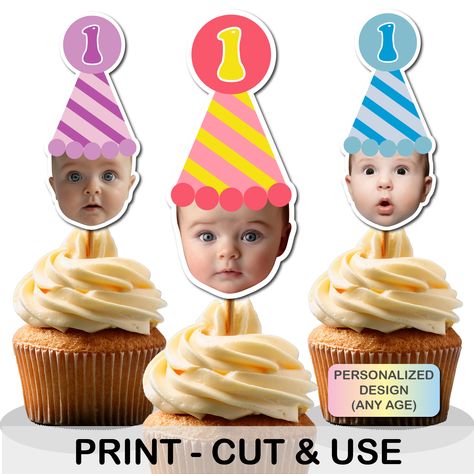 Custom Age Party Hat Cupcake Toppers, Baby First Birthday Party, Baby Birthday Cake Topper, Photo cupcake topper, Baby Face toppers Baby Birthday Cake, 1st Birthday Cupcakes, Baby Birthday Cakes, First Birthday Party, Baby First Birthday, Cupcake Topper, Party Hat, Birthday Cupcakes, Birthday Cake Toppers