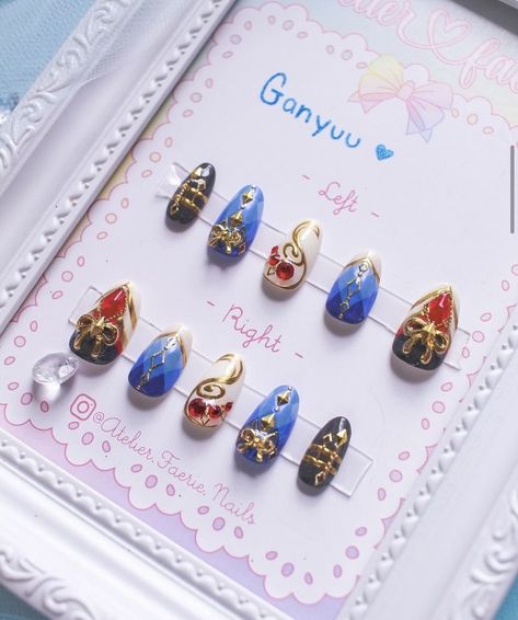 Ganyu Nails Design, Genshin Nail Ideas, Genshin Nails Design, Genshin Nail Art, Genshin Impact Painting, Genshin Inspired Nails, Genshin Impact Nails Design, Genshin Earrings, Genshin Impact Nails