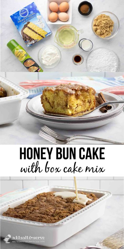 Our deliciously gooey honey bun cake with box cake mix is swirled with cinnamon and brown sugar and topped with a sweet vanilla glaze. Easy to make! Easy Moist Honeybun Cake, Honeybun Cake With Box Cake, Cake With Box Cake, Butter Golden Box Cake Mix Recipes, Cinnamon Bun Cake Mix Recipes, Honey Bun Cake With Box Cake, Cinnamon Roll Cake With Box Cake, Vanilla Box Cake Mix Recipes, Coffee Cake With Cake Mix Boxes