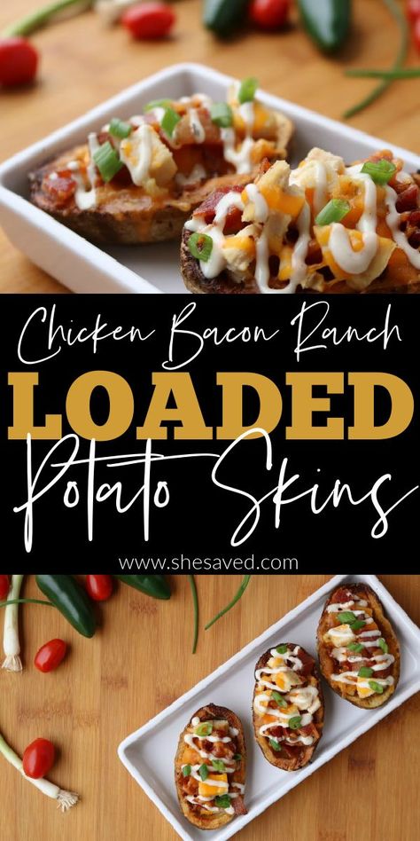 Chicken Bacon Ranch LOADED Potato Skins Recipe: Perfect for GAME DAY! Loaded Potato Skins Recipe, Potato Skins Recipe, Loaded Potato Skins, Potatoe Skins Recipe, Bacon Ranch Potatoes, Recipes Copycat, Baked Breakfast Recipes, Large Family Meals, Ranch Recipe