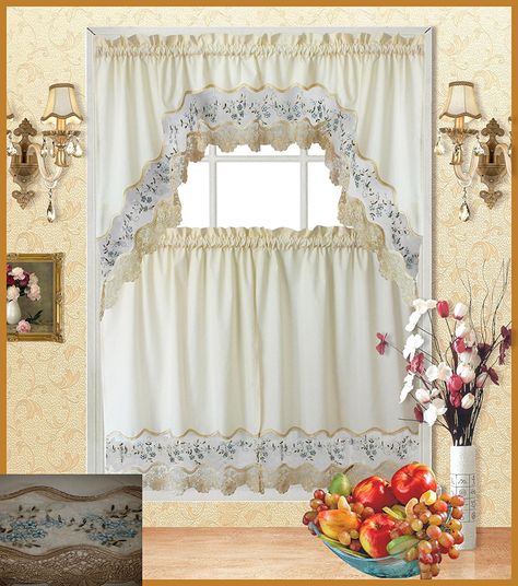 Fancy Collection 3pc Beige with Embroidery Floral Kitchen/cafe Curtain Tier and Valance Set 001092 (Blue/Beige) *** You can get more details by clicking on the image. (This is an affiliate link) #WindowTreatments Fall Curtains, Half Window Curtains, Kitchen Curtains And Valances, Embroidery Kitchen, Kitchen Window Curtains, Kitchen Curtain Sets, Tier Curtains, Elegant Curtains, Country Curtains