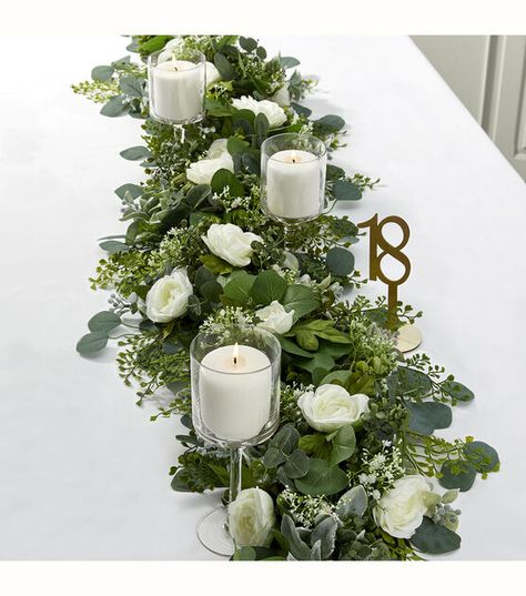 Centerpiece With Floating Candles, Banquet Table, Greenery Garland, Flower Stems, Quince Ideas, Banquet Tables, Future Wedding Plans, Floral Foam, Flower Display