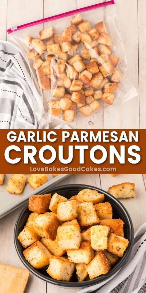 It's so easy to make your own Garlic Parmesan Croutons - and they taste better than the store-bought kind, too! Crunchy and flavorful. Healthier Appetizers, Fingerfood Recipes, Parmesan Croutons, Baking Techniques, Delicious Appetizers, Sides Recipes, Salad Dressing Recipes Homemade, Croutons Homemade, Amazing Appetizers