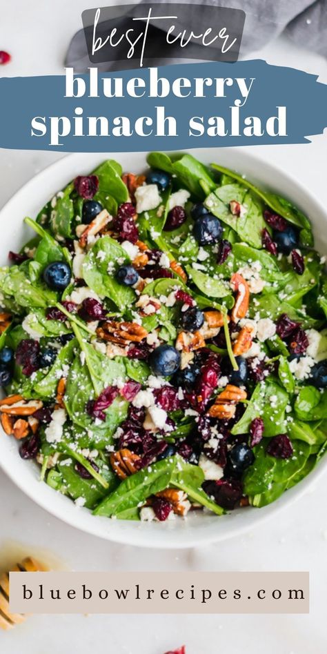 Blueberry Spinach Salad is here to save you from sad salads and boring desk lunches! The spinach base is loaded with blueberries, dried cranberries, pecans, feta cheese, and a simple honey balsamic dressing. I’ve never loved salad more. #blueberryspinachsalad #blueberry #spinach #glutenfreerecipes #saladrecipes #easyrecipes #sides #sidedish #bluebowlrecipes | bluebowlrecipes.com Salad With Tofu, Tofu Feta, Blueberry Salad, Blue Cheese Salad, Zucchini Puffer, Spinach Salad Recipes, Pecan Salad, Berry Salad, Vegan Blueberry