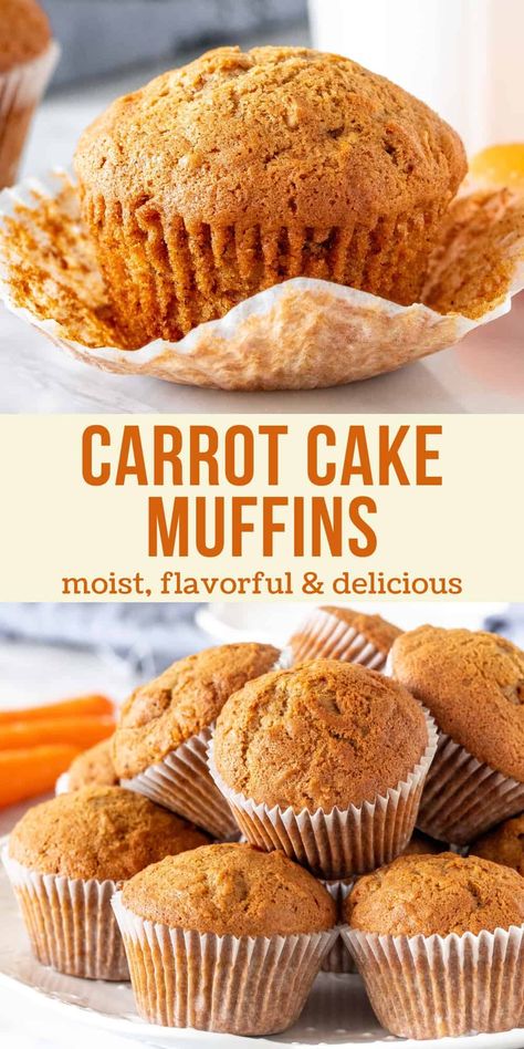 These moist and flavorful carrot muffins have a delicious carrot cake flavor with a hint of cinnamon. They're tender in the middle with perfect muffin tops! #carrot #carrotcake #muffins #easy #moist #cinnamon #brownsugar #breakfast #brunch from Just So Tasty Jumbo Carrot Cake Muffins, Healthier Carrot Cake, Carrot Muffins Easy, Carrot Recipes Dessert, Carrot Cake Muffin Recipe, Yummy Muffins, Cake Cravings, Carrot Muffin Recipe, Cheese Muffin