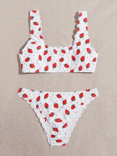 Strawberry Print Scallop Trim Bikini Swimsuit | SHEIN USA Strawberry Swimsuit, Swimsuits Outfits, Scallop Trim, Cute Bathing Suits, Red Swimsuit, Strawberry Print, Bra Types, Cute Swimsuits, Beachwear For Women