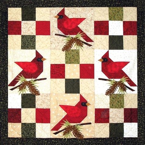 Winter Cardinals Quilt - Quilting Digest Scrapbook Bebe, Bird Quilt Blocks, Christmas Quilt Patterns, Quilted Wall Hanging, Bird Quilt, Holiday Quilts, Winter Quilts, Animal Quilts, Red Bird