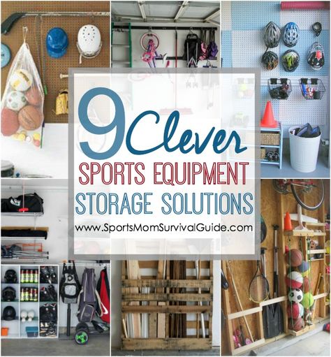 Do you have sports equipment all over your house and car?  Find 9 clever sports equipment storage solutions to save space and store all those needed, but bulky, items. Sport Equipment Storage, Sports Gear Organization, Workout Equipment Storage, Sports Gear Storage, Sports Equipment Organization, Sports Equipment Storage, Sports Storage, Basketball Tricks, Stair Climber