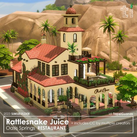 Rattlesnake Juice Restaurant, mediterranean style Town of Oasis Springs. Plot size: 30x20. Includes CC. Download link in biо. 🍒My ID in the game: TapeiGuanas #thesims4 #ts4 #ts4cc #ts4mm #ts4lots #ts4interiors #ts4build #sims4 #sims4interior #sims4build #sims4lot Sims 4 Oasis Springs Restaurant, Oasis Springs Sims 4, Sims 4 Restaurant, Oasis Springs, Sims Building, Sims 4 Build, Oc Ideas, Sims 4 Houses, Ts4 Cc