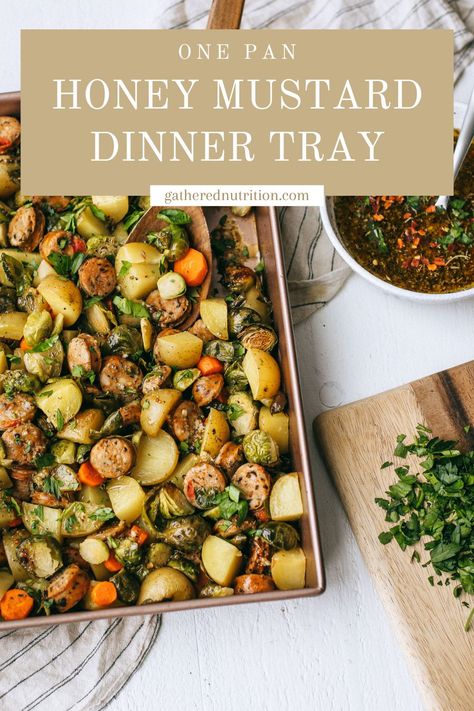 Sheet-pan Sausages And Brussels Sprouts With Honey Mustard, Healthy Recipes With Brussel Sprouts, Dinner Ideas Brussel Sprouts, Honey Dijon Sheet Pan Sausage, Chicken Sausage Brussel Sprout Sheet Pan, Potatoes Brussel Sprouts, Chicken Brussel Sprouts, Sprouting Sweet Potatoes, Colorful Carrots