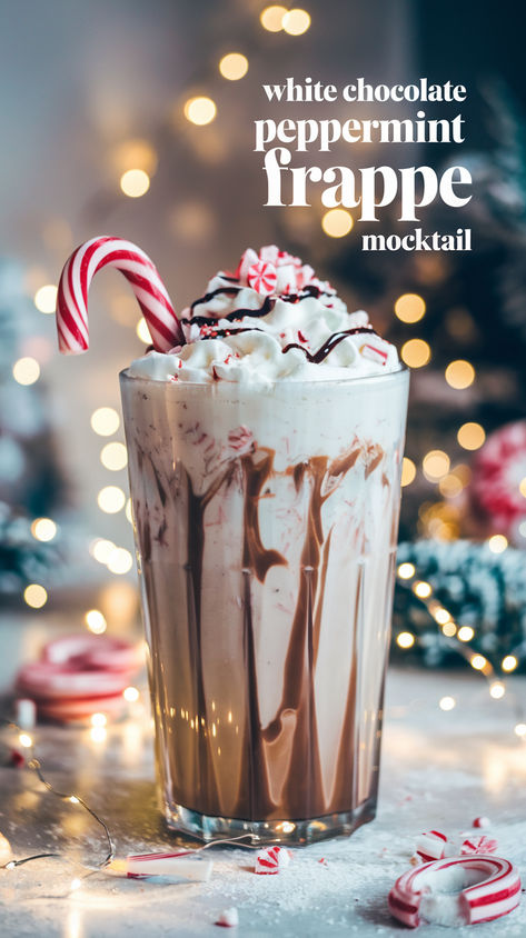 Chocolate Mocktail Recipe, Winter Drinks Nonalcoholic, Christmas Frappe, Christmas Mocktails Non Alcoholic, Peppermint Frappe, Frappe Recipes, Alcoholic Slush Recipes, Holiday Drink Recipes, Christmas Cafe