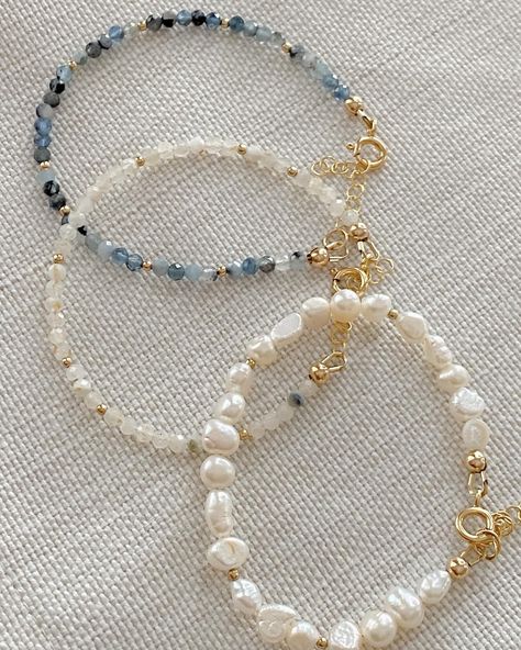 Getting up close and *pearl*sonal with these bracelets – which is your favorite? 🤍  Made with freshwater pearls and real 3mm gemstone beads; the perfect accessory to layer, stack, or wear solo.  The gemstone bracelets come in aquamarine, moonstone, and pink opal for a pop of color; and they pair so well with the pearls and golden paperclip chain bracelet; which you can find in the ‘perfect for stacking’ collection on the site! 💻  . . . .  #pearlbracelet #pearljewelry #handmadejewelryshop #oce... Moonstone Beaded Bracelets, Bead Making Aesthetic, Homemade Pearl Jewelry, 3mm Bead Bracelet, Jewelry Accessories Handmade, Cute Bracelet Stacks, Pearl Bracelet Ideas, Cute Beaded Bracelets, Beaded Bracelets Ideas