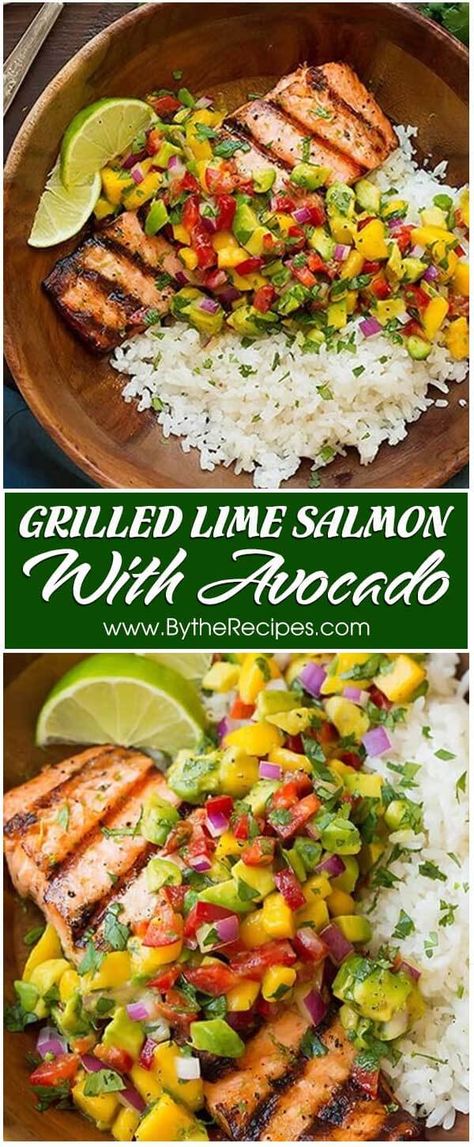 Grilled Lime Salmon with Avocado-Mango Salsa and Coconut Rice – By the Recipes Grilled Salmon With Mango Salsa And Coconut Rice, Good Food To Make, Salmon With Mango Salsa, Mango Salmon, Cilantro Lime Salmon, Tuscan Salmon Recipe, Salmon With Mango, Mango Salsa Salmon, Fish Meals