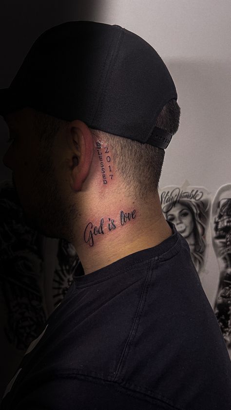 Back Of Neck Tattoo Men, Small Tattoo Ideas For Men, Black Men Tattoos, Small Neck Tattoos, Side Neck Tattoo, Verse Tattoos, Phrase Tattoos, Back Of Neck Tattoo, Neck Tattoo For Guys