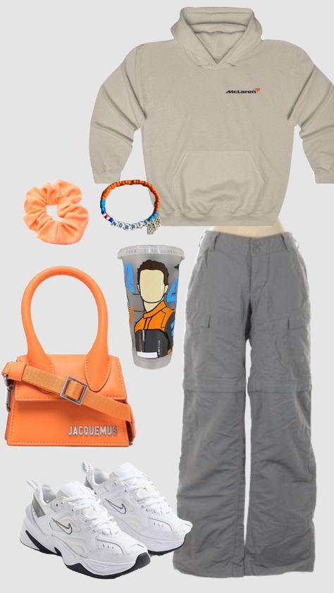 Mclaren Outfit Ideas, F1 Outfit For Women Mclaren, F1 Merch Outfit, Mclaren F1 Outfit, Mclaren Outfit Women, F1 Merch Aesthetic, Lando Norris Merch, Mclaren Clothes, Mclaren Outfit