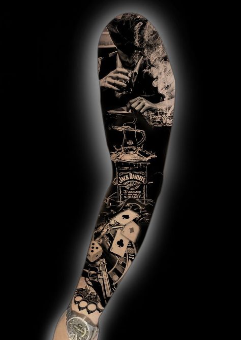 Gangsta Sleeve Tattoo, Mafia Tattoo Design, Maffia Tattoo, Roulette Tattoo, Jack Daniels Tattoo, Mafia Tattoo, Photoshop Tattoo, Trash Polka Art, Tattoo Mafia