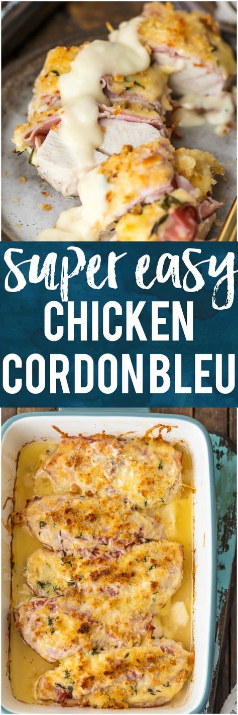 This EASY CHICKEN CORDON BLEU is my favorite recipe for entertaining a crowd. Layers of chicken, ham, cheese, bread crumbs, and delicious white wine dijon sauce. There's no reason to make the fussy version when you have this simple recipe that's just as delicious. #chicken #ham #cheese Easy Chicken Cordon Bleu, Chicken Cordon, Chicken Entrees, Chicken Cordon Bleu, Chicken Main Dishes, Easy Chicken, Poultry Recipes, Turkey Recipes, One Pot Meals