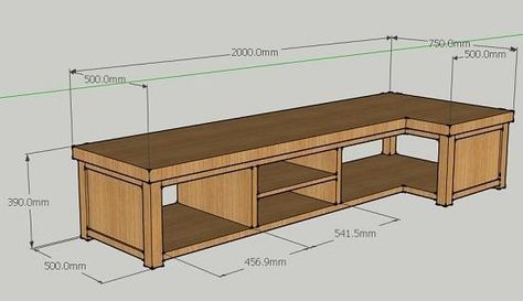 Shorter on the left, longer on the right, maybe a bit taller - but this is the general concept of what I want. L Shaped Tv Unit, L Shape Tv Unit Design, L Shape Tv Unit, I Bought A House, Reclaimed Wood Cabinet, Tv Setup, Corner Tv Stands, Front Room Ideas, Modern Tv Cabinet