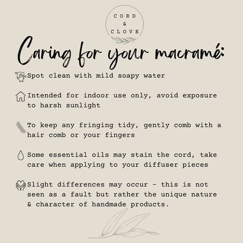 Pin this post for reference!  If you’ve purchased one of our decor pieces online or at a market you will have received one of our care cards, with a beautiful quote on the back 💛  In case you misplaced it or have purchased via one of our stockists here is all the important info for keeping your macrame looking as good as new 😍 . . . #macramecare #careinstructions #macrameplanthanger #macramehathanger #macramebunting #macramewallhanging #handmademacrame #macramehanger... Macrame Care Card, Macrame Quotes, Hat Hangers, Macrame Hat, April Easter, Hat Hanger, Macrame Hanger, Beautiful Quote, Business Emails