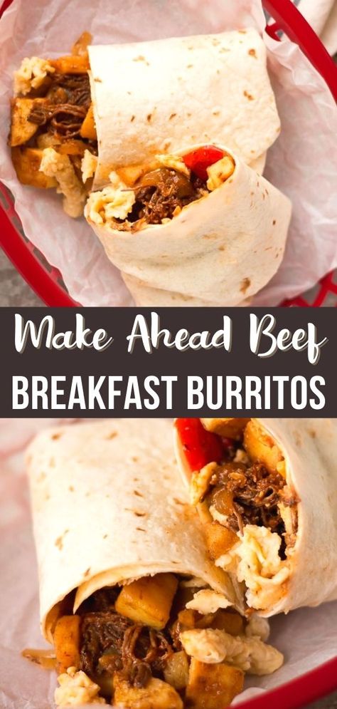 These Make Ahead Beef Breakfast Burritos are freezer friendly! Using tender, slow cooker shredded beef, breakfast potatoes, eggs and cheese, they can be made ahead of time and frozen. Just reheat them in the morning for a quick and hearty breakfast! Beef Breakfast Burritos, Homemade Breakfast Burritos Frozen, Shredded Beef Breakfast Burrito, How To Freeze Breakfast Burritos, Best Frozen Breakfast Burritos, How To Reheat Frozen Breakfast Burritos, Bulk Breakfast Burritos Freezer Cooking, Breakfast Burritos Freezer, Burritos Beef