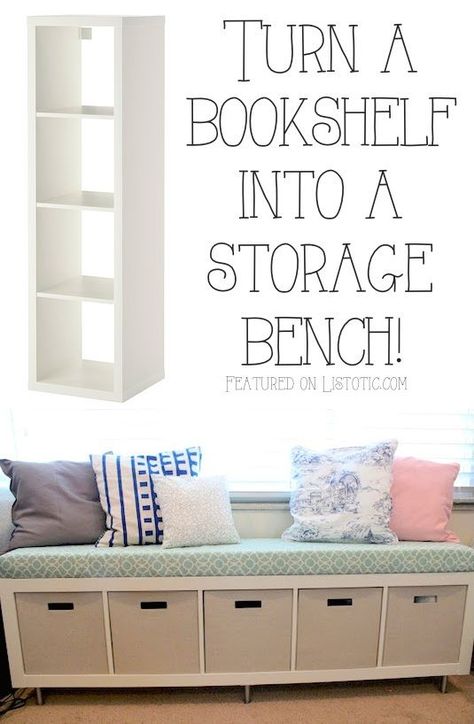 20 Creative Furniture Hacks :: Turn a bookshelf into a cute storage bench! - Perfect for the mudroom Awesome Furniture, Ikea Bookshelves, Bookshelf Storage, Decor Ikea, Best Ikea, Creative Furniture, Furniture Hacks, Ikea Hacks, Book Shelf