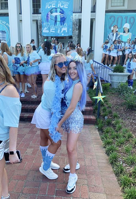 Ice sorority bid day theme #icebidday #zetataualpha #bidday Ice Sorority Theme, Ice Party Theme Outfit, Ice Bid Day Theme, Ice Themed Outfit, Sorority Bid Day Themes, Ice Theme, Sorority Rush Themes, Rush Themes, Sorority Party