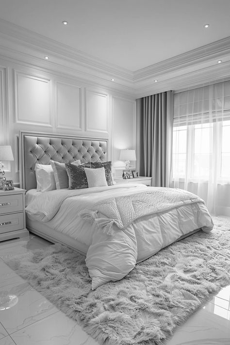 Gray White And Gold Bedroom, Chavvy Room, Chavvy Bedroom, Grey Room Ideas Bedroom, New House Ideas, Big White House, Grey And White Room, Room Ideas For Couples, Luxury Room Design