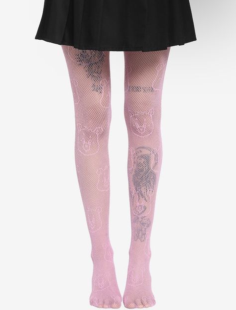 Pink Fishnet Tights, Pastel Aesthetic Fashion, Pink Fishnets, Bear Pink, Face Pattern, Kawaii Stuff, Bear Face, Fishnet Tights, Plus Size Fits