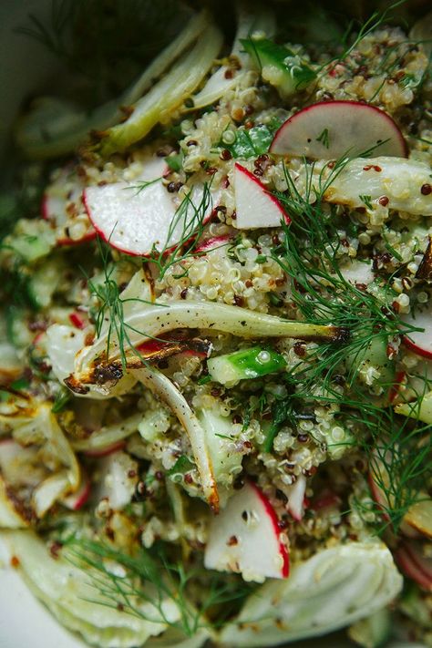 ROASTED FENNEL & QUINOA CRUNCH SALAD Quinoa Crunch Salad, Quinoa Crunch, Grilled Fennel, Crunch Salad, Fennel Recipes, Roasted Fennel, Radishes, Quinoa Salad, Fennel