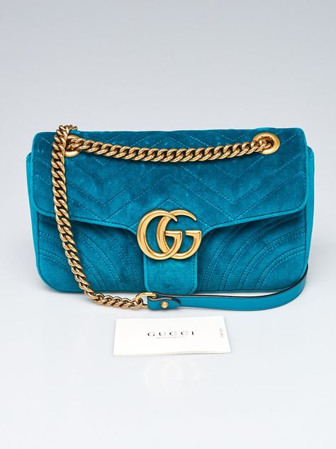 Gucci Pavone Quilted Velvet GG Marmont Small Metelasse Shoulder Bag - Yoogi's Closet Retro Gucci Evening Bags, Formal Quilted Gucci Bag, Gucci Bag Gg Marmont, Luxury Blue Gucci Bags, Gucci Velvet Marmont Bag, Gg Marmont, Green Quilt, Embroidered Heart, Peacock Blue