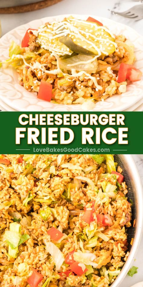 Enjoy Cheeseburger Fried Rice, a fusion dish with flavors of a classic burger & fried rice. Perfect comfort food for family dinners. Leftover Rice Recipes, Food For Family, Hamburger Dishes, Classic Burger, Leftover Recipes, Dinner Favorites, Movie Bloopers, Fusion Dishes, Savory Meals