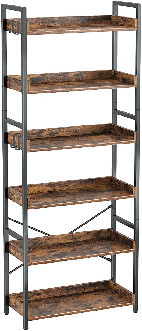 Amazon.com: Rolanstar 6 Tier Bookshelf, Industrial Wood Bookcase with 4 Hooks, Vintage Storage Rack with Open Shelves, Rustic Standing Bookshelves Metal Frame Display Rack for Living Room,Bedroom, Rustic Brown : Home & Kitchen Standing Bookshelves, Industrial Storage Racks, Standing Bookshelf, Mid Century Bookcase, Free Standing Shelves, Bedroom Rustic, Industrial Bookshelf, Industrial Bookcases, Rustic Wooden Shelves