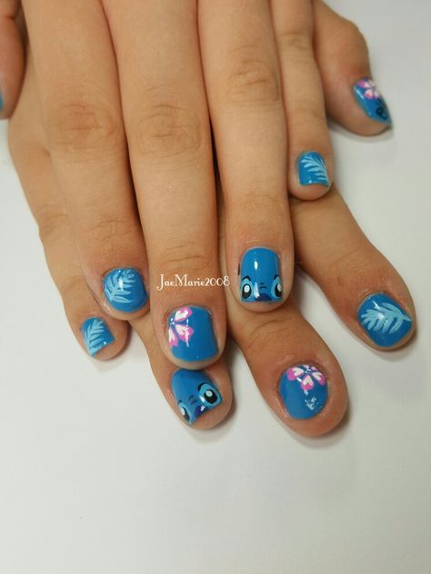 "STITCH" Nail Art by JaeMarie2008, done on my stepdaughter 's nails Aby❤ Nail Art Designs Stitch, Gel Nail Designs Stitch, Cute Nail Designs Disney, Nails Stitches Design, Nails Stitch Disney, Cute Stitch Nail Designs, Nail Art Stitch Disney, Disney Nail Color Ideas, Disney Stitch Nail Designs