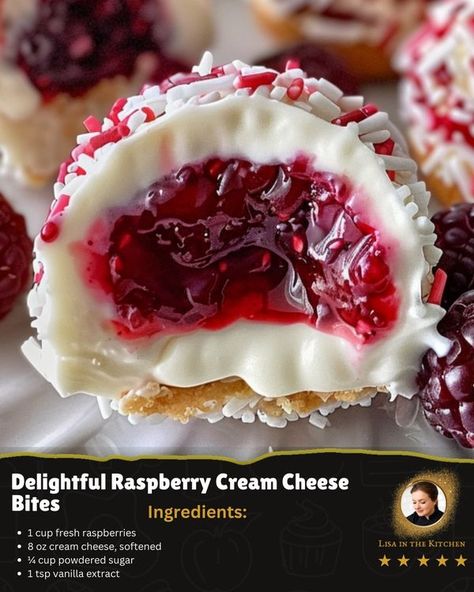 Daily Recipes and Tips 😋 The Original | 🍓 Delightful Raspberry Cream Cheese Bites 🍰 | Facebook Raspberry Chocolate Bites, Cream And Berry Filled Pastry Balls, Raspberry Cream Cheese Bites, Cream Cheese Fudge Recipe, Raspberry Cream Cheese Muffins, Easy Mini Desserts Recipes, Raspberry Bites, Cream Cheese Bites, Raspberry Cheesecake Bites