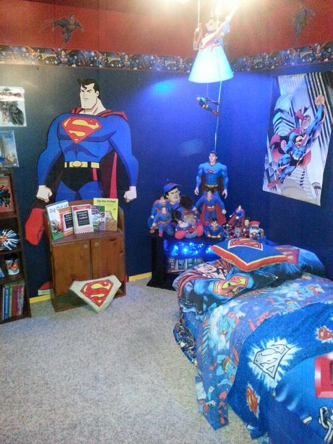 Superman Room Superman Kids Room, Marvel Themed Bedroom, Superman Room, Design A Superhero, Boho Outdoor Space, Avengers Bedroom, Themed Bedroom Ideas, Superman Baby