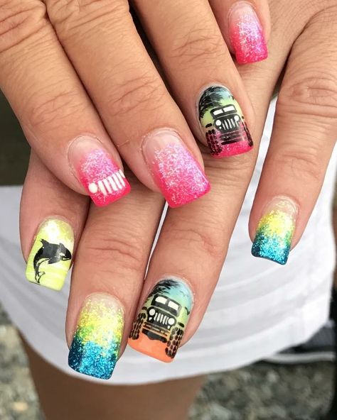 Jeep nails Jeep Nail Art, Car Nail Designs, Truck Nails, Jeep Nails Designs, Jeep Nails, Nail Art Designs Jeep, Monster Truck Nails, Acrylic Nails Yellow, Cowboy Nails