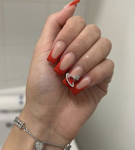 Red Nails Short Square Design, Shorties Nails Red, Expensive Looking Nails, Short Square Valentines Nails, Short Red Acrylic Nails, Frenchies Acrylic Nails, Short Bling Nails, Valentine Nail, Red Acrylic Nails