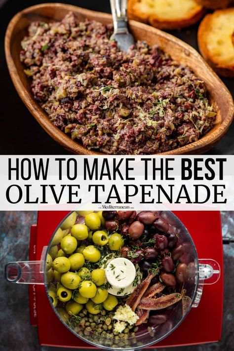 Olive tapenade recipe with capers, anchovy, garlic, and lemon. This easy appetizer recipe takes five minutes and two steps. Greek Olive Tapenade, Olive Paste Recipe, Recipe With Capers, Muhammara Recipe, Olive Tapenade Recipe, Anchovy Recipes, Tapenade Recipe, Capers Recipe, Roasted Artichoke