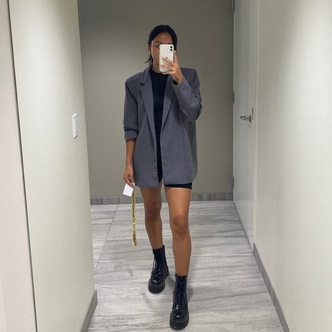 Blazer Biker Shorts, Biker Short Oversized Shirt, Oversized Blazer Biker Shorts, Blazer And Boots Outfit, Casual Compressive Biker Shorts For Spring, Casual Mini-length Biker Shorts For Summer, Chunky Combat Boots, Biker Shorts Outfit, Black Stockings