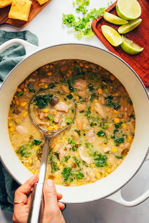 CREAMY White Bean Chicken Chili! Dairy-free, SO satisfying, & just 1 pot! Navy Bean Chicken Chili, White Bean Chilli, Creamy White Bean Chicken Chili, White Bean Chicken Chili Crockpot, Buffalo Chicken Chili, White Bean Chicken Chili, Chicken Pumpkin, White Bean Chili, Bean Chilli