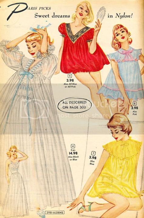 what-i-found: Aldens Catalog 1956-57 - Slips, Panties and Jayne Mansfield's Pajamas! Patron Vintage, Vintage Pajamas, Retro Lingerie, Look Retro, Vintage Dress Patterns, Vintage Nightgown, Old Fashion, Nightgowns, 50s Fashion