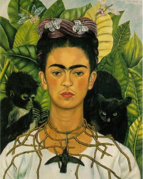 Self Portrait with Thorn Necklace and Hummingbird by Frida Kahlo, 1940. #kahlo #fridakahlo #paintings #selfportrait #necklace #hummingbird #art #fridakahloportrait #fridakahloart Self Portrait With Thorn Necklace And Hummingbird, Self Portrait Frida Kahlo, The Diary Of Frida Kahlo, Thorn Necklace, Frida Kahlo Exhibit, Frieda Kahlo Artwork Self Portraits, Frida Kahlo Portraits, Frida Kahlo Art, Hummingbird Art