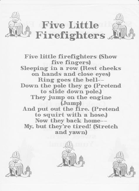 fire safety five little firefighters fingerplay Fire Truck Songs Preschool, Safety Lesson Plans For Preschoolers, Fire Safety Songs, Five Little Firefighters, Preschool Fire Safety, Fire Safety Theme Preschool, Fire Safety Lesson Plans, Fire Safety Lessons, Safety Lesson Plans